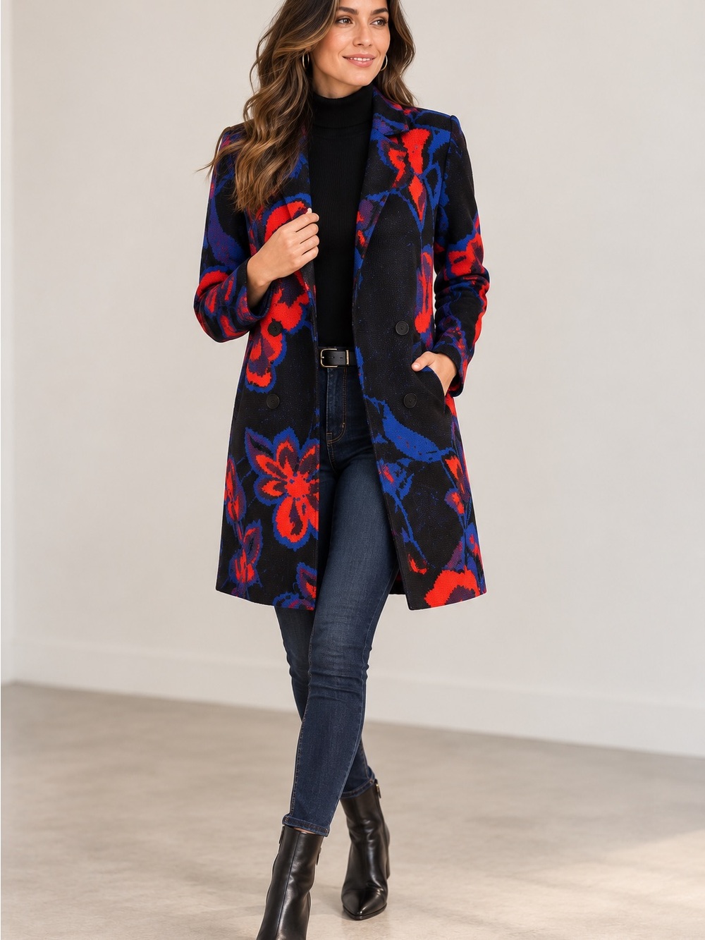 Banana Republic Floral Jacquard Knit Longline Blazer Coat Red Blue Black
